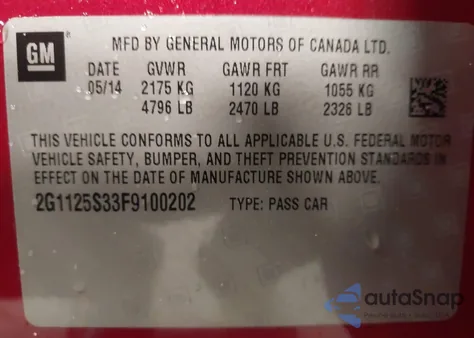 2015 Chevrolet Impala 2Lt from USA, damaged, VIN 2G1125S33F9100202